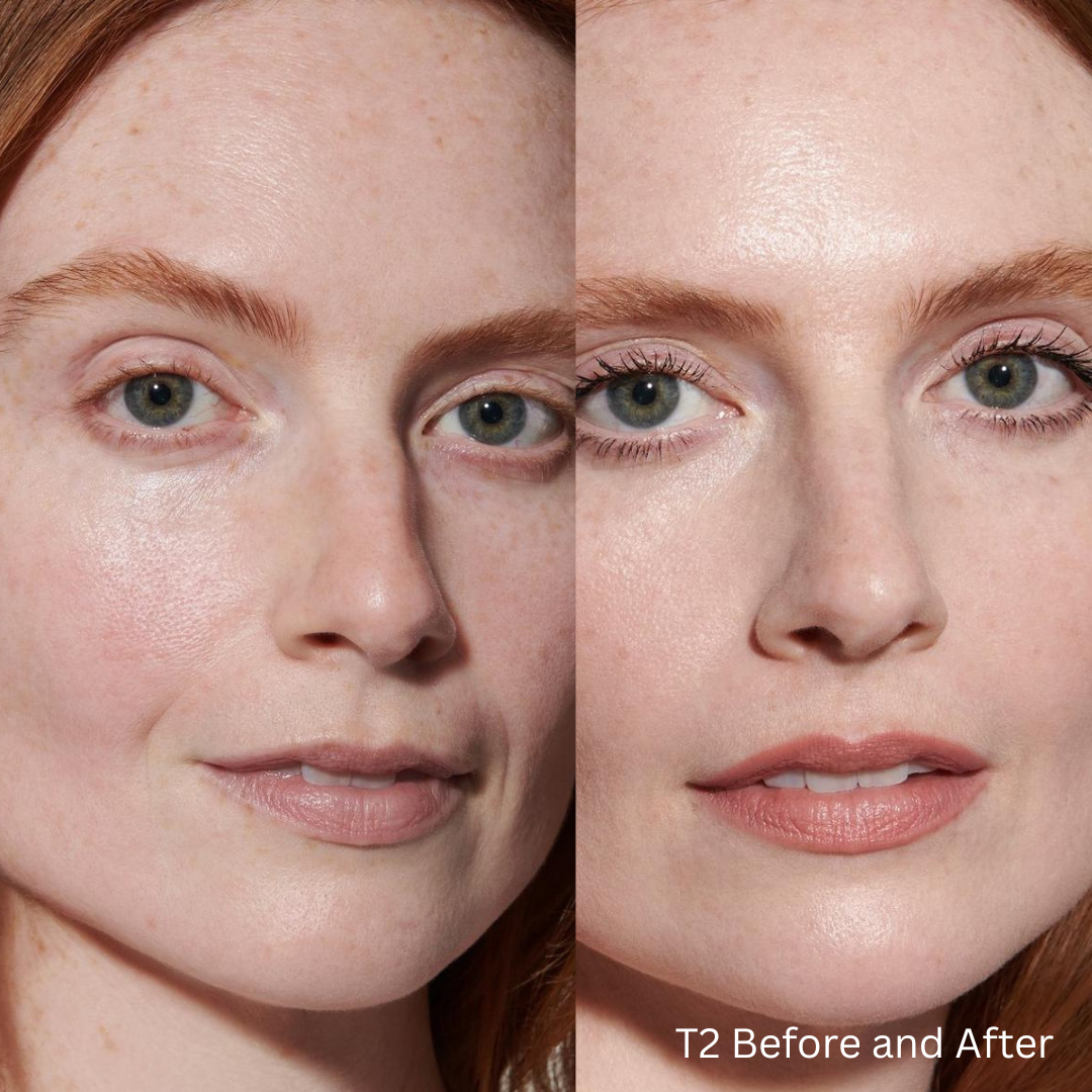 Before and after comparison of a woman's face with visible skin texture differences.