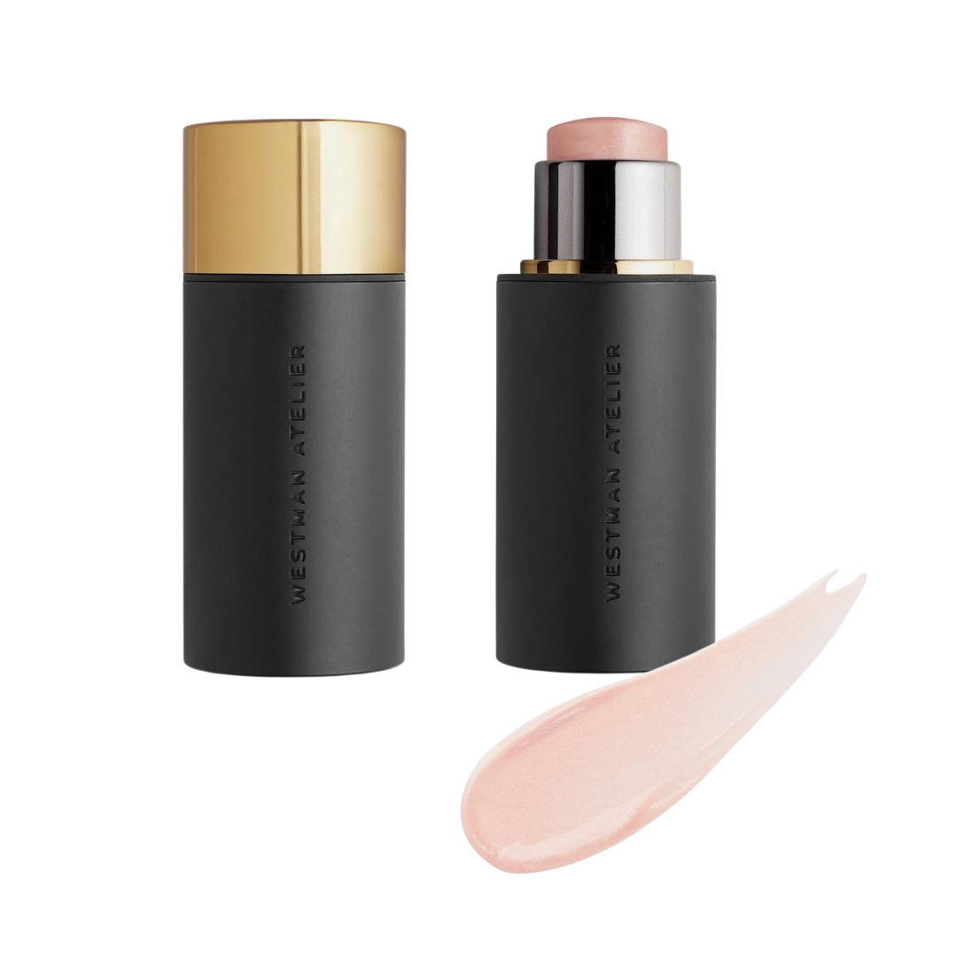 Two cosmetic sticks with gold and black accents and a swatch of pink shade on a white background, featuring the brand 'Westman Atelier'.
