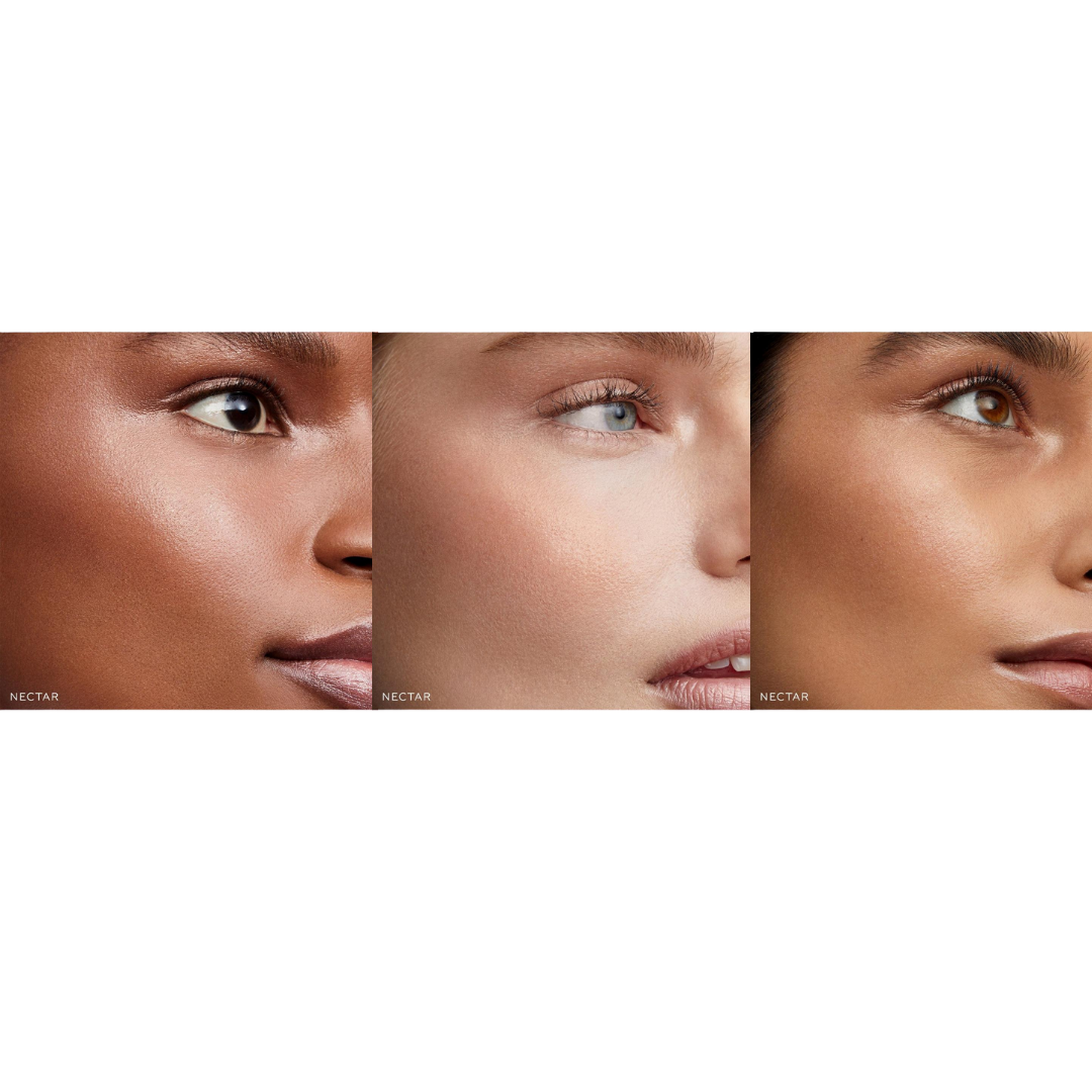 Three close-up views of different skin tones with a neutral background.