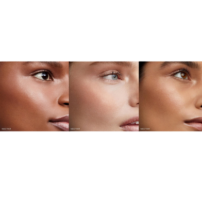 Three close-up views of different skin tones with a neutral background.