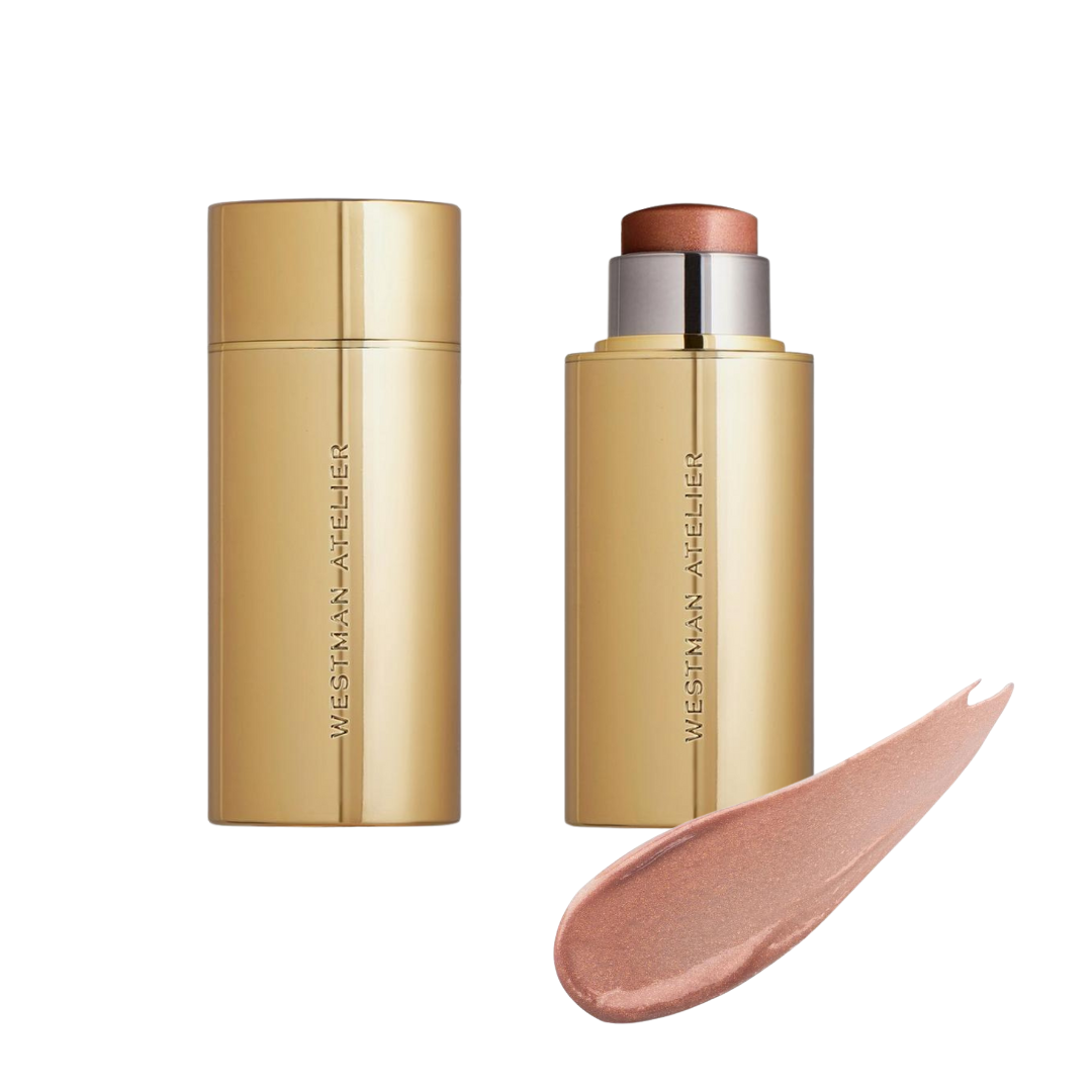 Two cosmetic products with a swatch of color on a white background