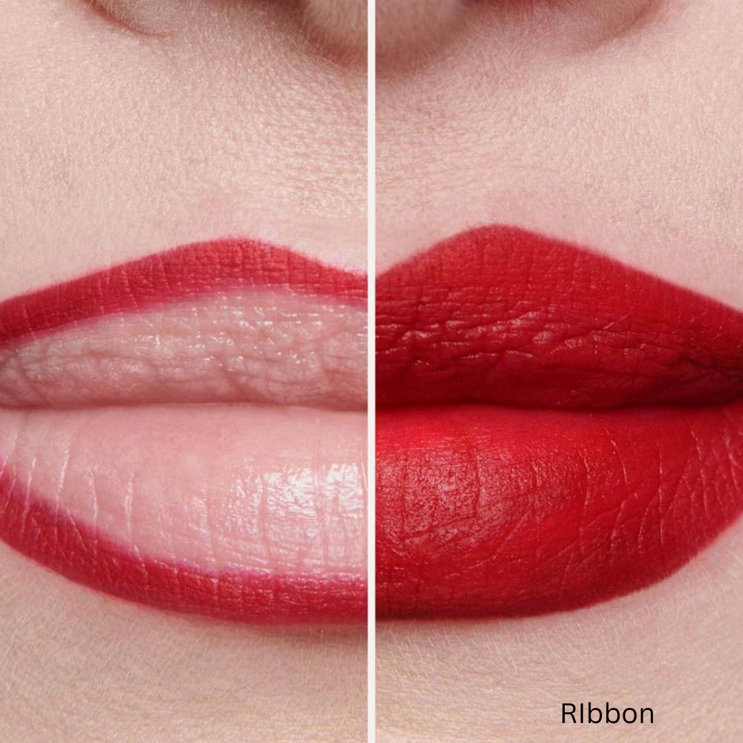 Close-up of red lipstick on lips with 'Ribbon' label